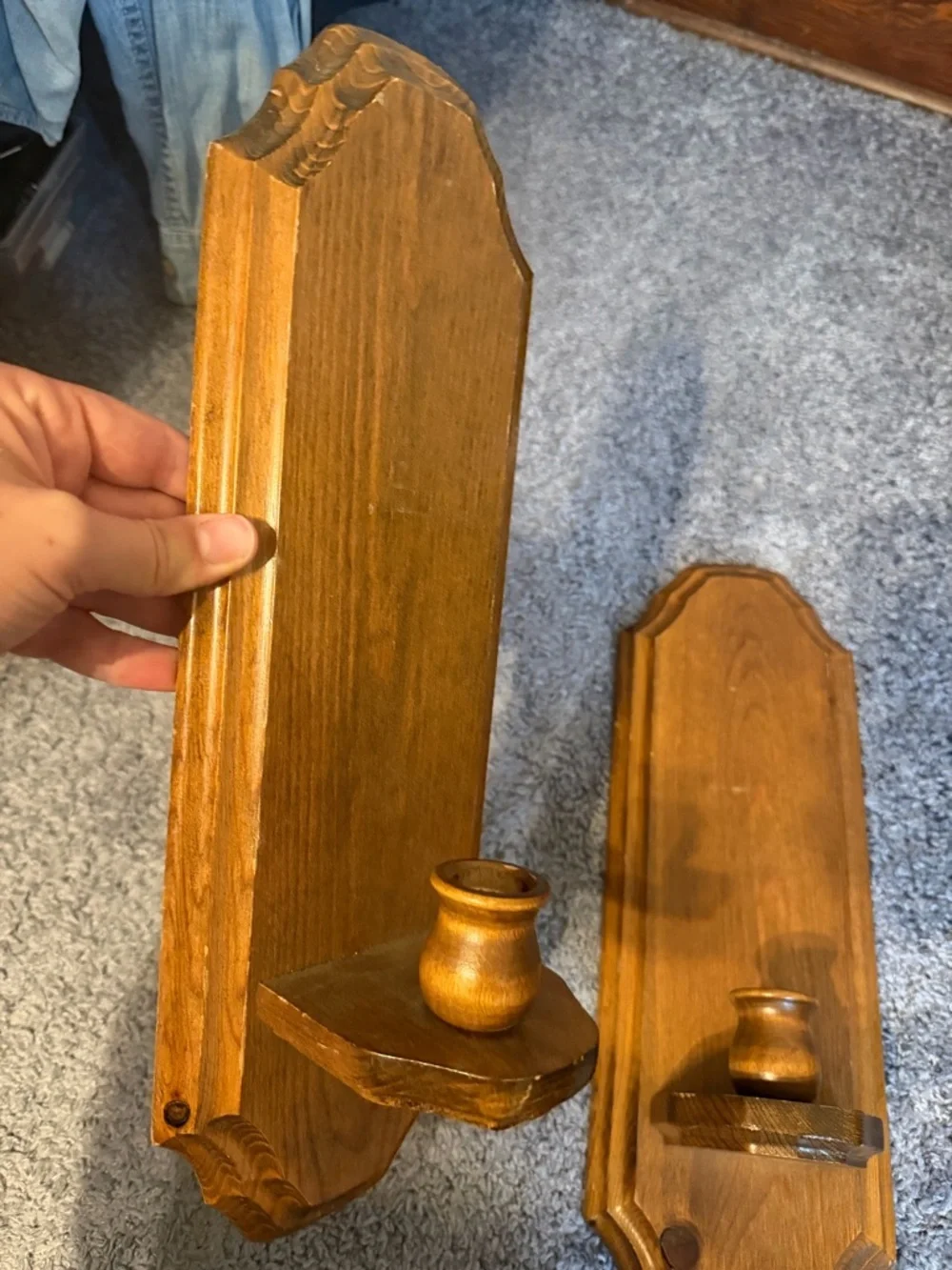 Vintage Pair of Wooden Wall Candle Sconces